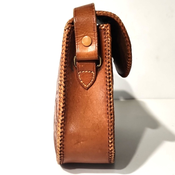 Vintage 50's Artisan Beautiful Hand Tooled Leather Handbag Purse - Picture 7 of 13